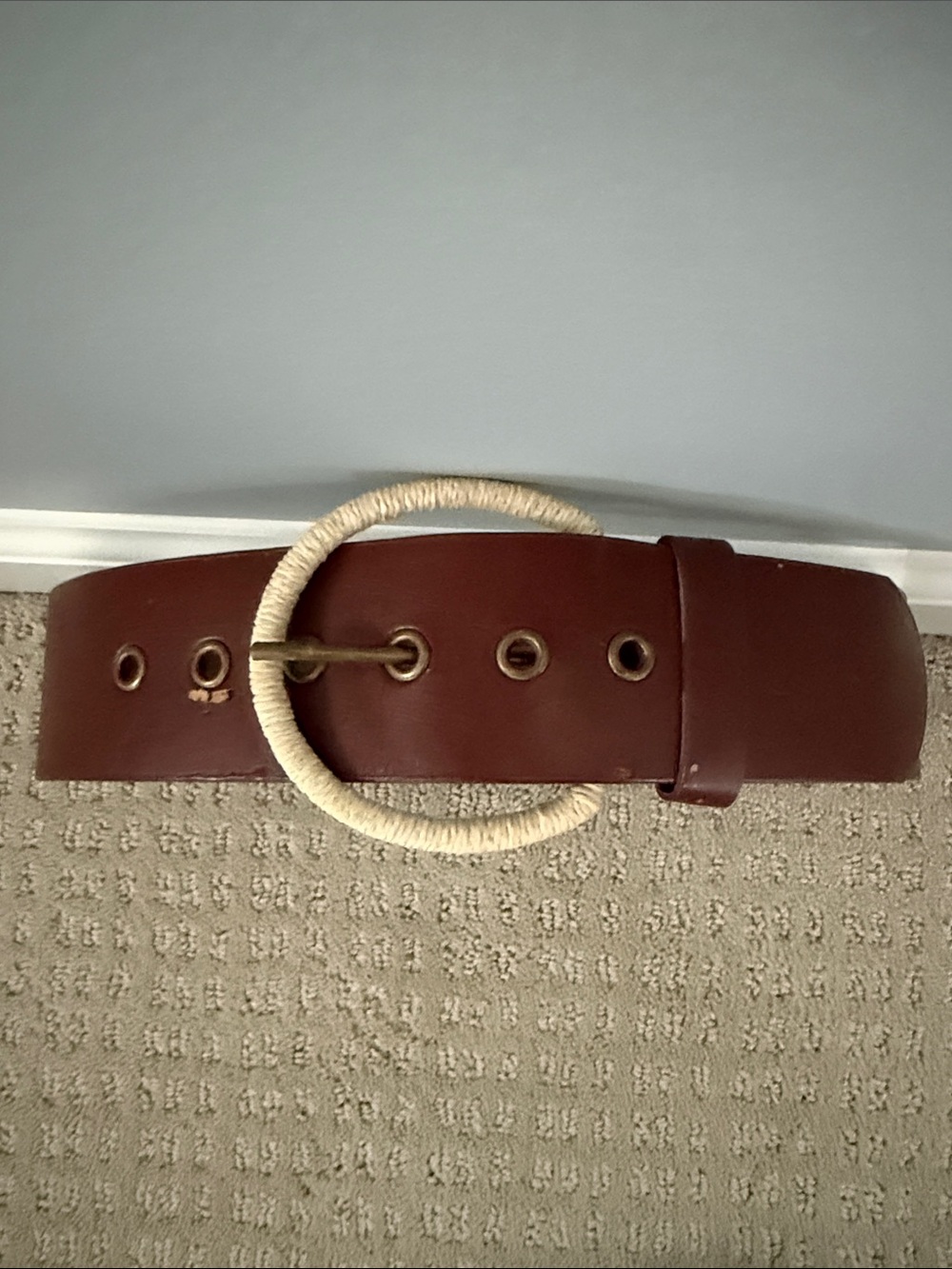 Vegan brown leather belt with textured rattan buckle - cinch dresses, tops